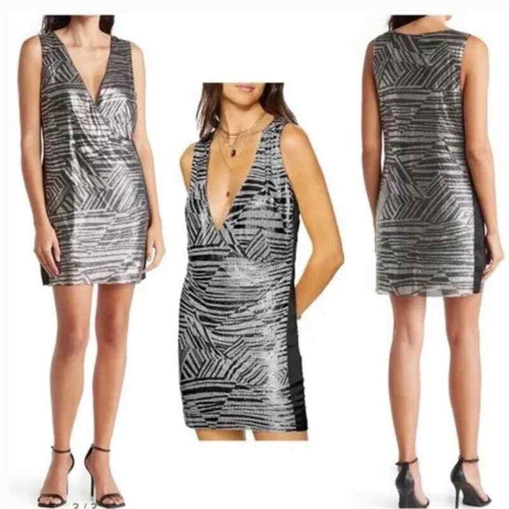 Ramy Brook Black Silver Printed Lola Sleeveless Plunge Mini Dress Size 6 Nwt